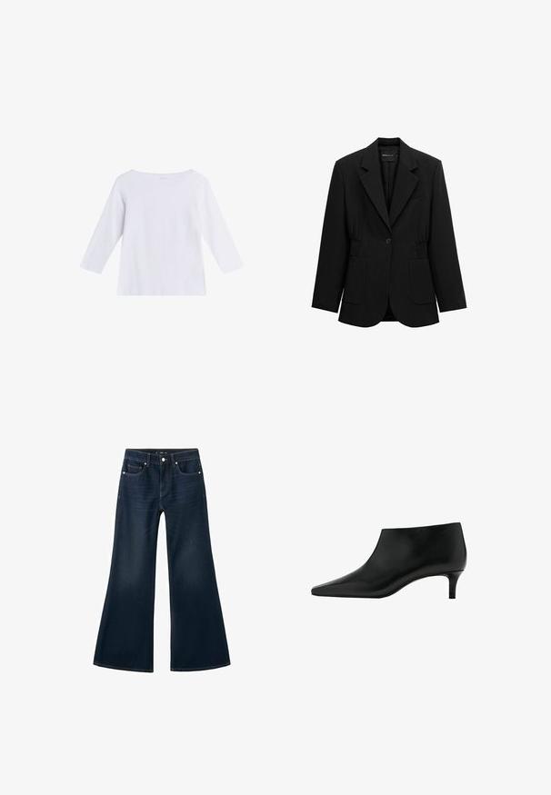 Sort enkelt-knap blazer med hakket revers, to forlommer med lapper og detaljeret taljesamling, vist på en hvid baggrund.; Hvid langærmet skjorte med bådudskæring, lavet af blødt stof, vist på en ensfarvet hvid baggrund.; Mørkeblå denimflared jeans med høj talje, fem lommer og kontrastsyninger. Glat tekstur med bred benåbning.; Sort læderankelstøvle med spids tå og lavt kittenhæl, designet til elegant og formelt brug.