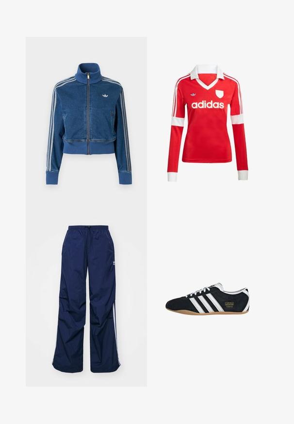 Blå denimjakke med lynlås, høj krave, ribstrikkede manchetter og tre hvide striber langs ærmerne. Har en lille logo på brystet.; Rød langærmet fodboldtrøje med hvid krave og manchetter. Har tre hvide striber på skuldrene og "adidas" logoet fremtrædende vist.; Marineblå, letvægtsbukser med elastik i taljen og snøre, med hvide sidelister og et lille logo foran. Løs pasform.; Sort ruskinds sneaker med hvide tre striber, guldlogo og en brun gummisål. Har et lavprofil snørebåndsdesign.