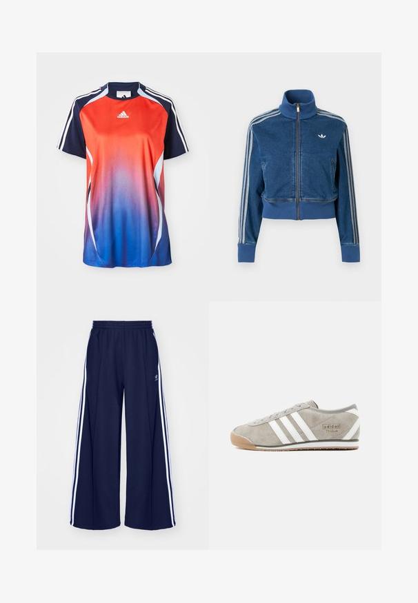 Modrá džínsová bunda na zips s vysokým golierom, rebrovanými manžetami a tromi bielymi pruhmi pozdĺž rukávov. Na hrudi je malá logo.; Adidas športová košeľa s krátkym rukávom s gradientom od červenej po modrú, s námorníckymi akcentmi a bielymi pruhmi pozdĺž ramien.; adidas Originals PANT - Tepláky - night indigo; Sivá semišová teniska s tromi bielymi pásikmi, zaoblenou špičkou, podrážkou z gumy v prírodnej farbe a malým značkovým detailom na boku.