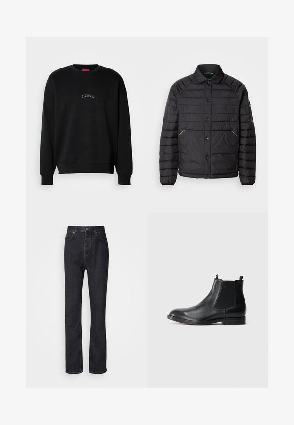 Sort pufferjakke med krave, vandret quiltet design, trykknapper, sidelommer og kontrasterende grøn indvendig foring.; Sort langærmet sweatshirt med rund hals, med små centrerede "hugo"-tekst i lys blå på brystet, ribbede manchetter og kant.; Høj talje sorte denim jeans med knap- og lynlåsåbning, for- og baglommer samt lige ben.; Sorte læder Chelsea støvler med elastiske sidepaneler, rund tå, trækstrop og en lav blokhæl. Glat tekstur og minimalistisk design.