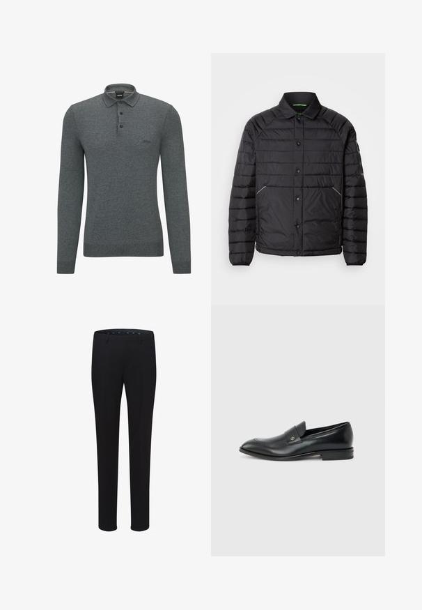 Sort pufferjakke med krave, vandret quiltet design, trykknapper, sidelommer og kontrasterende grøn indvendig foring.; Grå langærmet polo skjorte lavet af blød, struktureret stof med krave, tre-knaps placket og diskret logo på brystet.; Sorte skræddersyede bukser med en glat overflade, lige ben-design og bæltesløjfer. Har et klassisk snit uden synlige mønstre eller detaljer.; Sort læder herre loafer med lav hæl, rund tå og lille metallisk logo på remmen, vist i sideprofil på ensfarvet baggrund.