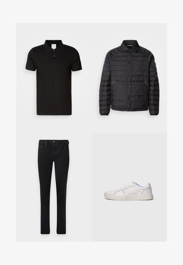 Schwarze Steppjacke mit Kragen, horizontaler Steppmusterung, Druckknöpfen, Seitentaschen und kontrastierendem grünen Innenfutter.; Schwarzes Poloshirt aus glattem Stoff mit klassischem Kragen. Verfügt über zwei Knöpfe am Hals, kurze Ärmel und ein dezentes Logo auf der Brust.; Dunkelblaue Jeans im Slim-Fit-Schnitt, mit Fünf-Taschen-Design und metallischem Knopfverschluss. Glatte Textur und gleichmäßige Farbe.; Weißer Sneaker mit niedrigem Schaft, Schnürsenkeln, gesteppten Details und "BOSS"-Branding an der Seite und Sohle, von der Außenseite gezeigt.