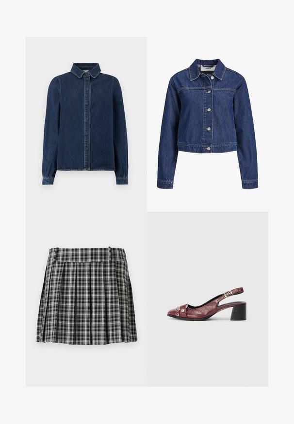 Blå denimjakke med lange ærmer, knaplukning foran og spids krave.; Mørkeblå denimskjorte med klassisk krave, frontknapper og lange ærmer med samlede manchetter. Har kontraststing overalt.; Sort-hvidt ternet plisseret nederdel med en glat talje og flere lodrette folder. Fremstillet af let stof.; Bordeauxfarvet læderslippersko med rund tå, buet design, sølvhardwaredetaljer og blokhæl. Tekstureret finish.
