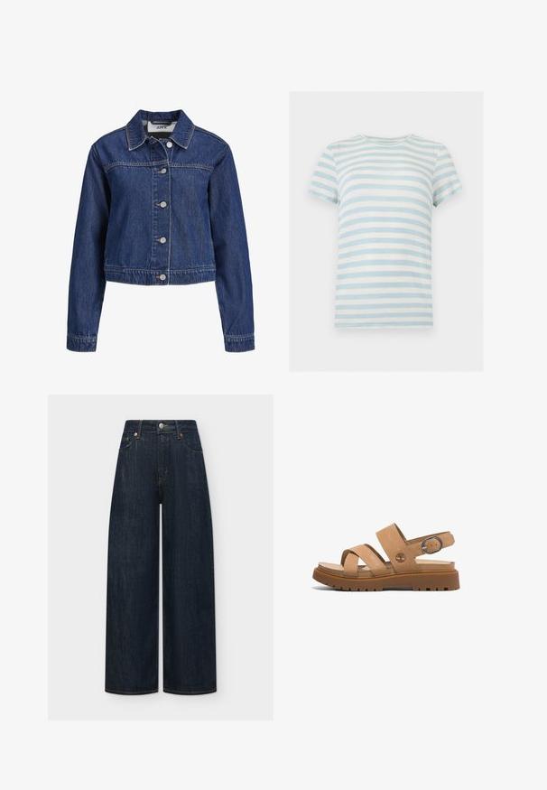 Blå denimjakke med lange ærmer, knaplukning foran og spids krave.; Kortærmet ribstrikket T-shirt med vandrette lyseblå og hvide striber og rund halsudskæring på hvid baggrund.; Mørkeblå jeans med vide ben, forrest knapper og lynlås, bæltestropper samt for- og baglommer på en ensfarvet baggrund.; Brune lædersandaler med to brede stropper, en bagstrop med en metalspænde og en kraftig gummisål med et struktureret mønster.