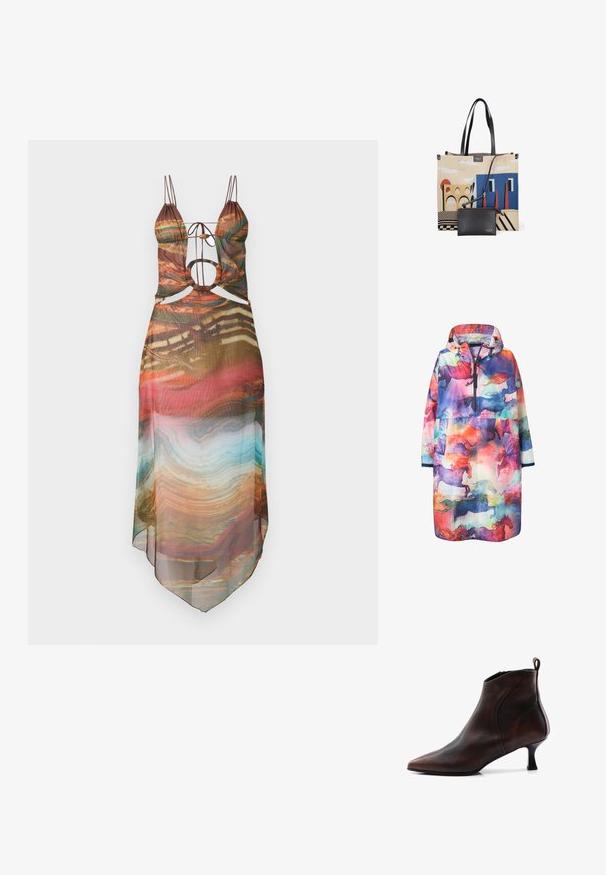 Impermeable ligero con un diseño abstracto multicolor que presenta caballos en silueta, capucha y cierre zip frontal.; Vestido semitranslúcido multicolorido con tirantes ajustables, detalles recortados y un dobladillo fluido. El patrón abstracto incluye tonos cálidos y acentos en turquesa.; Bota de cuero marrón hasta el tobillo con punta afilada, tacón delgado y cierre de cremallera. Presenta una textura suave y líneas de diseño sutiles.; Bolsa tote beige con asas negras que presenta un diseño arquitectónico colorido y un bolsillo negro adjunto con cremallera dorada y logo.