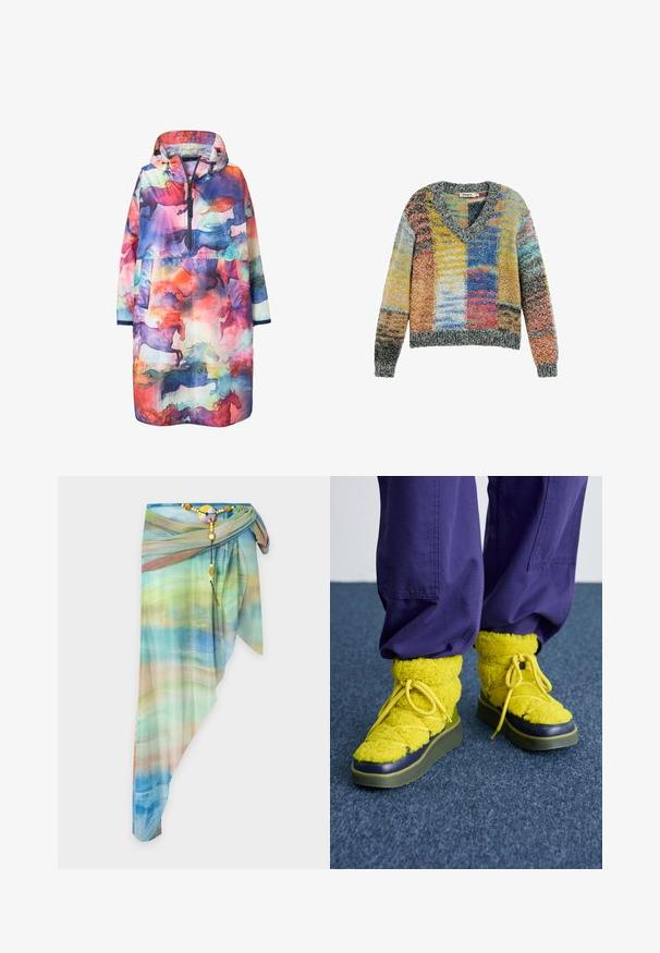 Letvægts, vandtæt regnjakke med et flerfarvet abstrakt design med silhuetter af heste, hætte og frontlukning med lynlås.; Farverig strikket sweater med V-hals og lange ærmer, med patchwork-mønster i gule, blå, røde og grå nuancer.; Asymmetrisk gennemsigtig omslagsnederdel med blå, grøn og beige gradientmønster, fastgjort med et dekorativt perlebælte og rundt spænde.; Gule, fluffy støvler med rund tå, tekstureret stof og grøn gummisål. Har gule snørebånd og en marineblå accent omkring tåen.