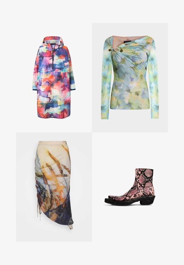 Letvægts, vandtæt regnjakke med et flerfarvet abstrakt design med silhuetter af heste, hætte og frontlukning med lynlås.; Langærmet figursyet top med pastelblomster, asymmetrisk halsudskæring samlet med to grønne perler på venstre skulder.; Materiel DIAGONAL GATHERED SKIRT - Pencil skirt - golden hour; Ankelstøvler i pink og sort slangeskindsprintlæder med en struktureret finish, der har en unik buet sort gummisål.