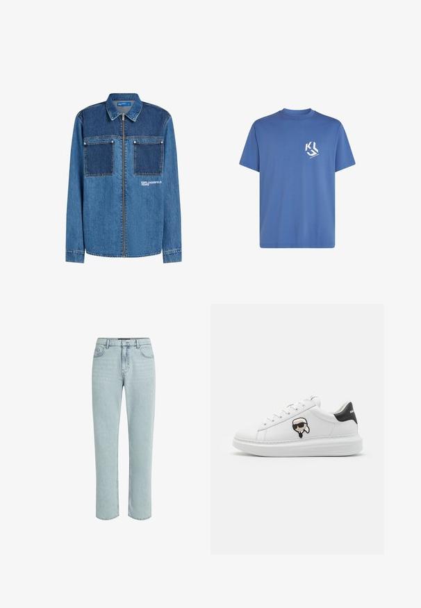 Denimjack in mediumblauw met een contrasterend donkerblauw borstpaneel, voorzien van twee voorzakken, een ritssluiting en het 'Karl Lagerfeld Jeans' logo.; Blauwe katoenen T-shirt met een ronde hals, korte mouwen en een wit grafisch logo op de linkerborst. Soepele textuur, ontspannen pasvorm.; KARL LAGERFELD DISNEY STRAIGHT-FIT - Straight leg jeans - light blue denim; Witte leren sneaker met zwarte hielaccent. Bevat een cartoonpatch van een figuur met een zonnebril. Rond neu en dikke witte zool.
