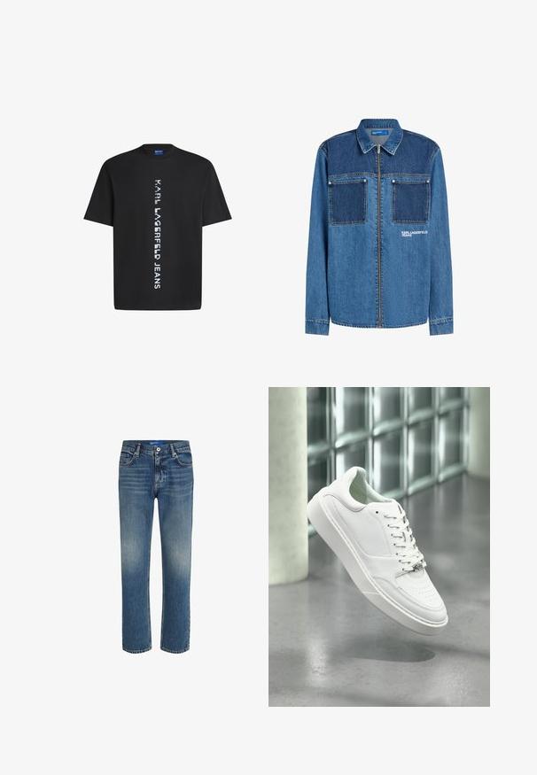 Denimjack in mediumblauw met een contrasterend donkerblauw borstpaneel, voorzien van twee voorzakken, een ritssluiting en het 'Karl Lagerfeld Jeans' logo.; Zwarte katoenen t-shirt met verticale witte tekst "KARL LAGERFELD JEANS." Klassieke ronde hals en korte mouwen. Soepele textuur.; Blauwe spijkerbroek met rechte snit, lichte vervaging op de bovenbenen, vijf-pocket ontwerp, metalen knoopsluiting en gestikte zomen.; Witte leren sneaker met een afgeronde neus, vetersluiting aan de voorkant en een platte rubberen zool. Voorzien van geperforeerde details en een subtiel logo-accent.
