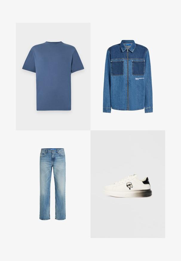 Džínsová bunda stredne modrej farby s kontrastným tmavomodrým panelom na hrudi, má dve predné vrecká, zapínanie na zips a logo "Karl Lagerfeld Jeans".; Modré tričko s krátkym rukávom a okrúhlym výstrihom, jednoduchý, jednofarebný dizajn, zobrazené položené na bielom pozadí.; Svetlo modré džíny z denimu s rovnými nohavicami. Obsahujú vyblednutú textúru, dizajn s piatimi vreckami a zapínanie na gombíky s pútkami na opasok.; Biele tenisky s hladkým koženým zvrškom, čiernymi akcentmi na päte a karikatúrovým logom. Majú hrubú, mierne priehľadnú podrážku.