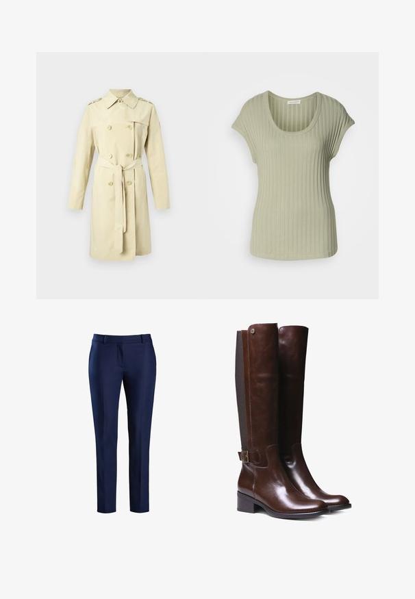 Beige trenchcoat lavet af vandafvisende stof. Har dobbeltradede knapper, bælte og klassisk krave. Glat tekstur.; Lys grøn ribbet kortærmet bluse med rund hals, der har en blød tekstur og tætsiddende design. Lavet af strækbart stof for komfort.; Marineblå skræddersyede bukser med en glat tekstur, lige ben-design, frontlommer og flad talje, lavet af letvægtsstof.; Brune læderknæhøje støvler med glat finish, kontrasterende stofpanel, ankelspænde detalje og lav blokhæl.