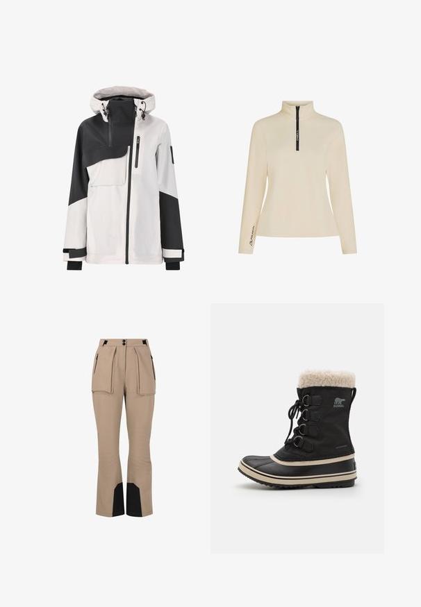 Herrejakke med et tofarvet design i hvid og sort; vandtæt materiale, justerbar hætte, lynlåsede lommer og elastiske manchetter.; Beige fleece pullover med høj krave, halv lynlås foran og sort mærket lynlås. Har "Polartec" logo på ærmet. Glat tekstur.; Beige udendørsbukser med to frontlommer, plisseret design og sorte detaljer ved kanten. Lavet af holdbart, fleksibelt stof.; Sort vandtæt støvle med krave af kunstpels, snørebånd foran, gummisål og en kontrasterende beige stribe langs sålen. Dekorative hardwaredetaljer.