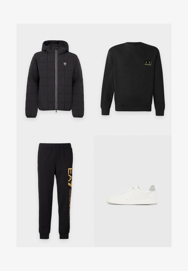 Zwarte doorgestikte jas met capuchon, voorzien van een ritssluiting aan de voorkant, elastische manchetten en een logopatch aan de linkerbovenkant. Afgewerkt met witte strepen.; Zwarte sweatshirt met lange mouwen en ronde hals, met klein beige Armani Exchange-logo op de linkerborst.; Zwarte trainingsbroek van zacht materiaal, met een elastische tailleband en cuffed enkels. Gele branding die verticaal op het linkerpijp is gedrukt.; Witte lage sneaker met grijze hielpatch, witte veters en een gestructureerde zool, gepresenteerd op een effen lichte achtergrond.