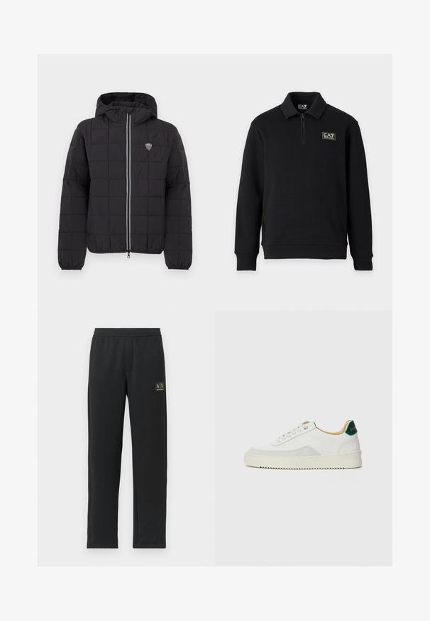 Veste noire matelassée avec capuche, dotée d'une fermeture éclair frontale, de poignets élastiques et d'un patch logo sur le côté supérieur gauche. Agrémentée de rayures blanches.; Pull noir à manches longues avec une courte fermeture éclair sur le devant, des poignets côtelés et le logo EA7 Emporio Armani sur la poitrine gauche et l’étiquette du col.; Pantalons de jogging noirs à jambe droite avec une taille élastique et un logo noir en patch sur le haut de la cuisse gauche.; Baskets blanches avec des accents en daim, bout arrondi, lacets plats et semelle en caoutchouc crème. Présente une marque verte sur le talon.