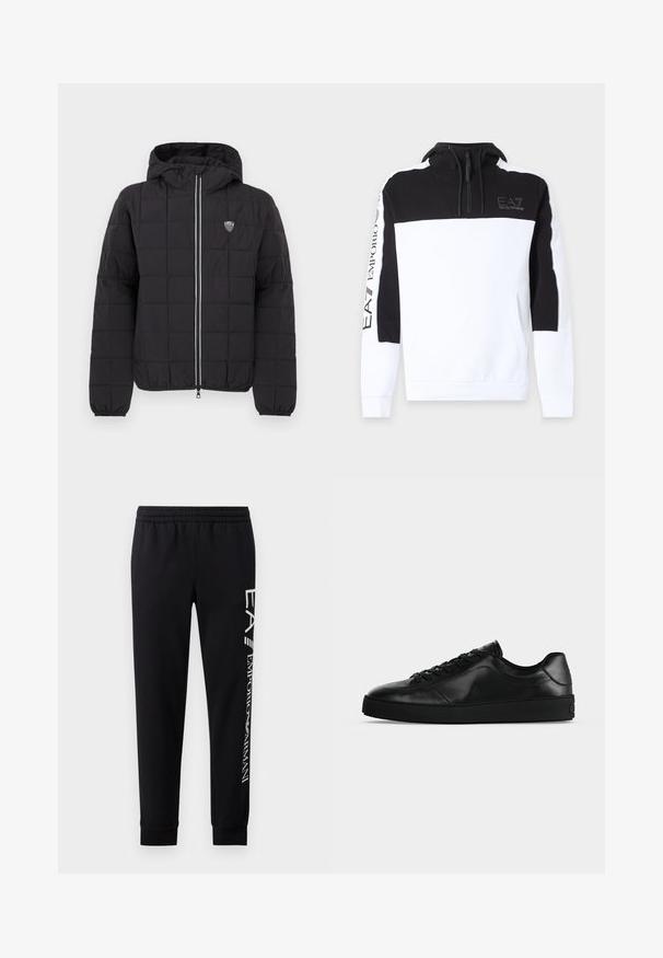 Chaqueta acolchada negra con capucha, con cremallera frontal, puños elásticos y un parche de logo en la parte superior izquierda. Acentuada con rayas blancas.; Sudadera con capucha de manga larga en blanco y negro con cremallera frontal, cordones y logo EA7 Emporio Armani en el pecho y la manga izquierda.; Pantalones de chándal negros hechos de una mezcla de algodón, con una cinturilla elástica, piernas estrechas, puños acanalados y estampado de logo blanco en el lateral.; Zapatilla de cuero negra de perfil bajo con cordones en la parte delantera y suela plana texturizada, mostrada de lado sobre un fondo neutro.