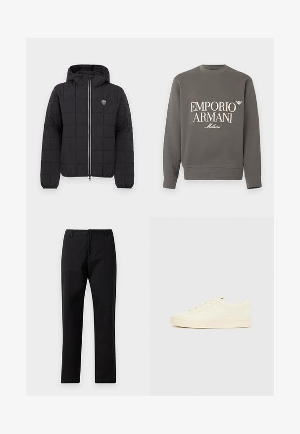 Chaqueta acolchada negra con capucha, con cremallera frontal, puños elásticos y un parche de logo en la parte superior izquierda. Acentuada con rayas blancas.; Sudadera gris de algodón, con cuello redondo, mangas largas y un logo impreso blanco que dice: "EMPORIO ARMANI Milano" en el frente.; Pantalones rectos negros con cierre de botón y cremallera, pasadores para cinturón y bolsillos delanteros, exhibidos sobre un fondo blanco.; Zapatilla de color crema con parte superior de cuero liso, puntera redondeada, cierre de cordones y suela de goma texturizada. Diseño minimalista, sin logotipos.