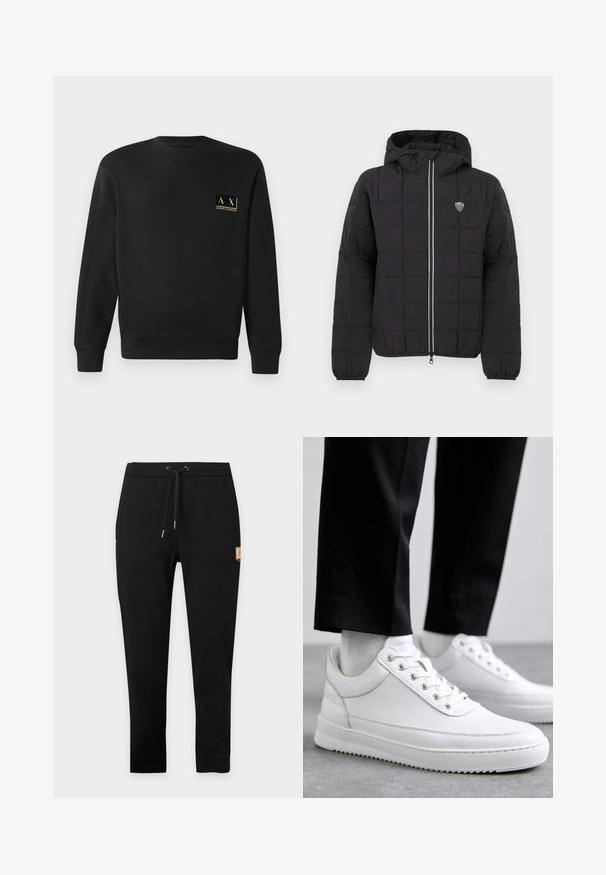 Schwarze gesteppte Jacke mit Kapuze, ausgestattet mit einem Frontreißverschluss, elastischen Bündchen und einem Logo-Patch auf der oberen linken Seite. Akzentuiert mit weißen Streifen.; Schwarzer Langarm-Crewneck-Pullover mit kleinem beigen Armani Exchange-Logo auf der linken Brust.; Schwarze, schmal zulaufende Jogginghose mit Kordelzugbund und kleinem beigen rechteckigen Aufnäher am oberen linken Oberschenkel.; Weiße Leder-Sneaker mit flacher Gummisohle, ausgestattet mit einer glatten Oberfläche, runder Zehenpartie und Metallösen für die Schnürsenkel. Getragen mit schwarzen Hosen.