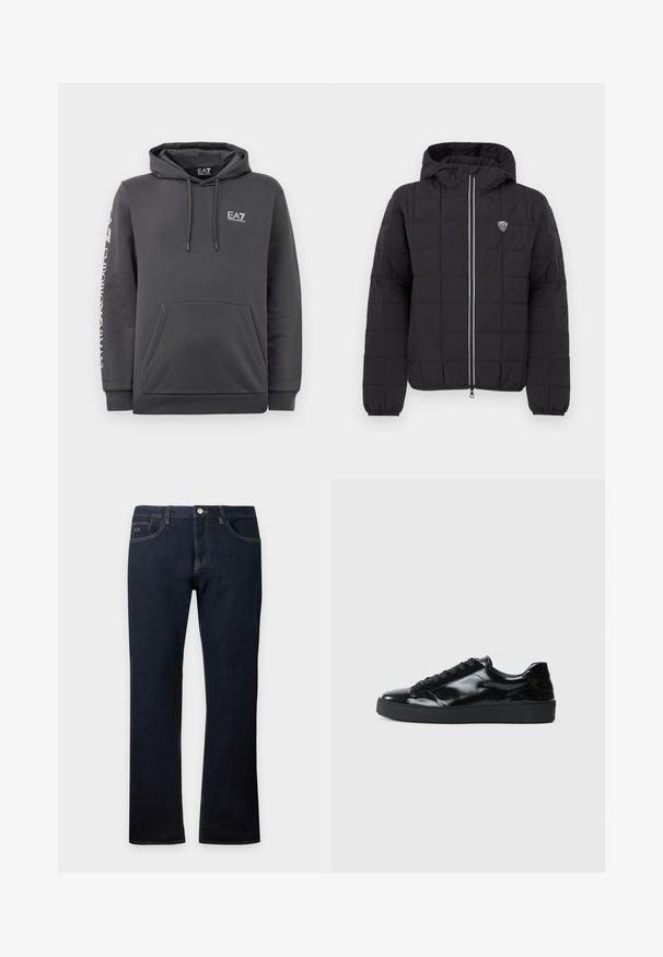 Schwarze gesteppte Jacke mit Kapuze, ausgestattet mit einem Frontreißverschluss, elastischen Bündchen und einem Logo-Patch auf der oberen linken Seite. Akzentuiert mit weißen Streifen.; Dunkelgrauer Kapuzenpullover mit Fronttasche, Kordeln und weißen "EA7 Emporio Armani"-Logos auf der Brust und dem linken Ärmel.; Dunkelblaue Straight-Leg-Denimjeans mit vorderen und hinteren Taschen, sichtbaren Nähten und einem Knopfverschluss an der Taille.; Schwarze Lackledersneaker mit runder Zehenform, Schnürdesign, strukturiertem Gummisohle und glatter Oberfläche.