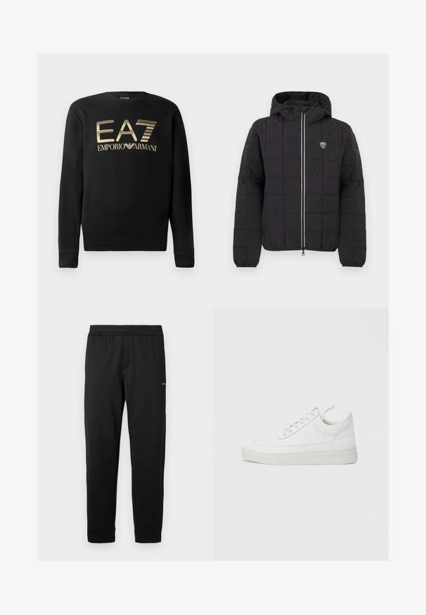 Zwarte doorgestikte jas met capuchon, voorzien van een ritssluiting aan de voorkant, elastische manchetten en een logopatch aan de linkerbovenkant. Afgewerkt met witte strepen.; Zwart sweatshirt met ronde hals, voorzien van het gouden EA7 Emporio Armani-logo op de borst. Zachte stof met geribbelde mouwen en onderrand.; Zwarte sportbroek gemaakt van zacht materiaal. Elastische tailleband en boorden. Voorzien van een klein logo aan de zijkant. Rechte pijp.; Witte leren sneaker met een afgeronde neus, platte zool en veters aan de voorkant. Voorzien van stikseldetails en een gevoerde kraag voor comfort.