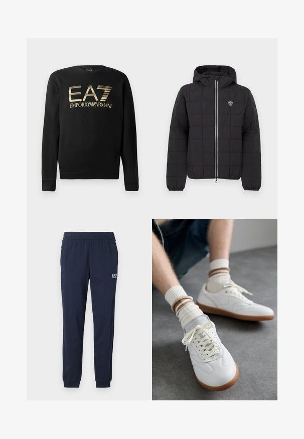 Schwarze gesteppte Jacke mit Kapuze, ausgestattet mit einem Frontreißverschluss, elastischen Bündchen und einem Logo-Patch auf der oberen linken Seite. Akzentuiert mit weißen Streifen.; Schwarzer Pullover mit Rundhalsausschnitt, mit goldenem EA7 Emporio Armani-Logo auf der Brust. Weicher Stoff mit gerippten Bündchen und Saum.; Marineblaue Jogginghosen mit elastischem Bund und Bündchen. Besitzt ein kleines weißes Logo am linken Bein. Hergestellt aus einem weichen, dehnbaren Material.; Weiße Ledersneaker mit glatter Textur, grauen Wildlederelementen, beigen Gummisohlen und flachen Schnürsenkeln. Kombiniert mit cremefarbenen und braun gestreiften Socken.