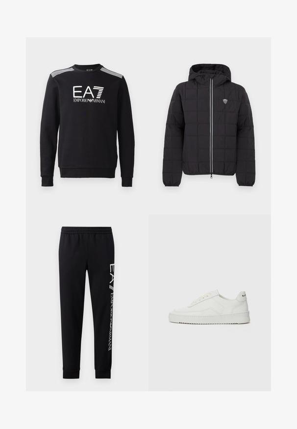Musta tikandiga jope kapuutsiga, ees tõmblukk, elastsed varrukaotsad ja vasakul ülaosas logomärk. Kaunistatud valgete triipudega.; Must värvi puuvillane sweatshirt, millel on ümar kaelus, pikad varrukad, valge EA7 logo ja triibud õlgadel.; Mustadest puuvillasegustest dressipükstest, millel on elastne vöökoht, kitsenevad säärte ning ribatsoonidega mansetid ja valge logo trükk külgmisel osal.; Valge nahast tennis, millel on sile põhi, ümar varvas, lamedad nöörid ja tekstuuriline tall. Sisaldab diskreetset logo kontsaribal.