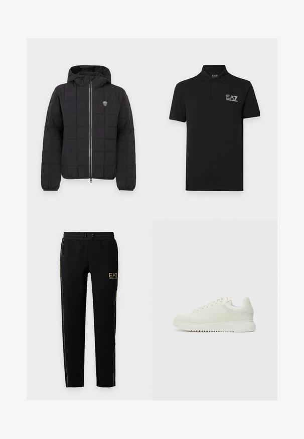 Schwarze gesteppte Jacke mit Kapuze, ausgestattet mit einem Frontreißverschluss, elastischen Bündchen und einem Logo-Patch auf der oberen linken Seite. Akzentuiert mit weißen Streifen.; Schwarzes Poloshirt aus Baumwolle mit Kragen und kurzen Ärmeln. Gesticktes EA7-Logo auf der linken Brust. Klassische Passform.; Schwarze Jogginghosen mit schmalem Schnitt, elastischem Bund mit Kordelzug und goldenen Akzentstreifen an den Seiten sowie einem Logo.; Weiße Leder-Sneaker mit texturiertem Obermaterial, runder Zehenpartie, flacher weißer Sohle und tonalen Schnürsenkeln. Dezentes Branding auf der Zunge.