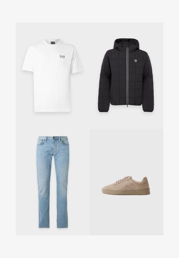 Zwarte doorgestikte jas met capuchon, voorzien van een ritssluiting aan de voorkant, elastische manchetten en een logopatch aan de linkerbovenkant. Afgewerkt met witte strepen.; Witte katoenen t-shirt met een ronde halslijn, korte mouwen en een zwart EA7-logo op de linkerborst. Gladde, effen textuur.; Lichtblauwe rechttoe-rechtaan spijkerbroek met voorzakken, riemlussen en een knoopsluiting op een effen achtergrond.; Beige leren sneaker met platte veters, een gladde afwerking en een gestructureerde rubberen buitenzool. Stiksels op het zijpaneel en een afgeronde neusdesign.