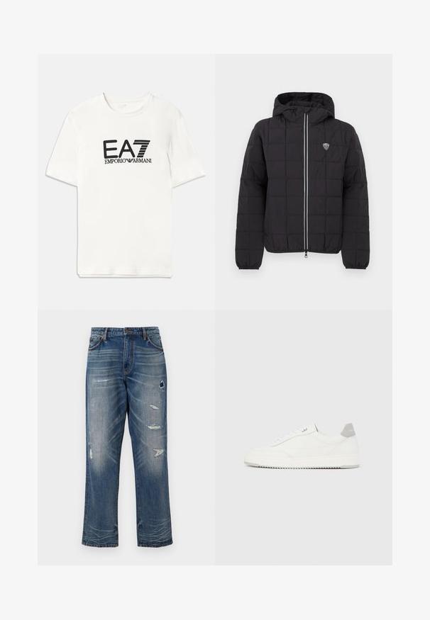 Schwarze gesteppte Jacke mit Kapuze, ausgestattet mit einem Frontreißverschluss, elastischen Bündchen und einem Logo-Patch auf der oberen linken Seite. Akzentuiert mit weißen Streifen.; Weißes Baumwoll-T-Shirt mit schwarzem EA7-Logo und dem Text "EMPORIO ARMANI". Kurze Ärmel, Rundhalsausschnitt, normale Passform, glatte Textur.; Blaue Denim-Jeans mit lockerer Passform, die abgenutzte Flicken und Ausbleichungen aufweisen. Sie haben normale Taschen und sichtbare Nähte.; Weißer Sneaker mit niedrigem Schaft, grauem Fersenlaschen, weißen Schnürsenkeln und einer strukturierten Sohle, dargestellt vor einem schlichten hellen Hintergrund.
