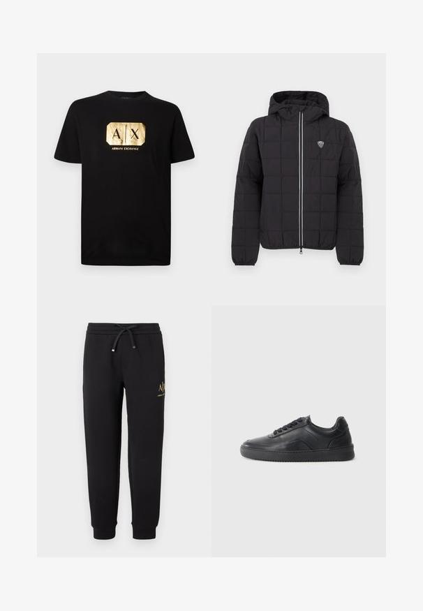 Sort quiltet jakke med hætte, med en lynlås foran, elastiske manchetter og et logoemblem på øverste venstre side. Fremhævet med hvide striber.; Sort bomulds T-shirt med et guld rektangulært logo med "A|X" og teksten "ARMANI EXCHANGE" nedenfor. Klassisk pasform med korte ærmer.; Sorte joggingbukser med elastisk talje og snøre, manchetter ved anklerne og lille guld "A|X Armani Exchange" logo på højre lår.; Sorte lædersneakers med en glat finish, rund tå, struktureret sidelæder og sorte snørebånd. Har en flad gummisål og et minimalistisk design.