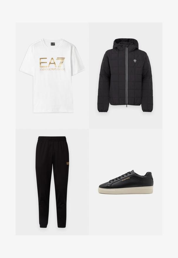 Chaqueta acolchada negra con capucha, con cremallera frontal, puños elásticos y un parche de logo en la parte superior izquierda. Acentuada con rayas blancas.; Camiseta de algodón blanca con un gran logo metálico dorado "EA7" y el texto "EMPORIO ARMANI" debajo, con mangas cortas y cuello redondo.; Pantalones de chándal negros con cintura elástica, puños ajustados y un pequeño logo amarillo en la parte superior de la pierna izquierda. Textura de tela suave y lisa.; Zapatilla de cuero negra con un acabado suave, suela crema en contraste, puntera redonda, logo dorado en el lateral y seis ojales para los cordones.