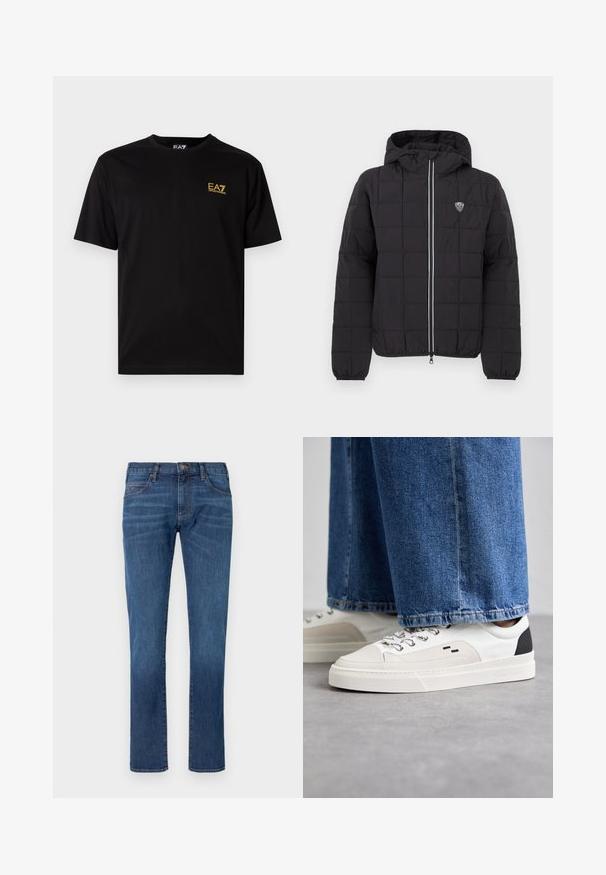 Veste noire matelassée avec capuche, dotée d'une fermeture éclair frontale, de poignets élastiques et d'un patch logo sur le côté supérieur gauche. Agrémentée de rayures blanches.; T-shirt en coton noir à manches courtes, avec un petit logo brodé jaune sur le côté gauche de la poitrine. Design classique à col rond.; Jean en denim bleu coupe droite, doté d'un design classique à cinq poches et d'une fermeture à boutons. Décoloration subtile sur la texture du tissu.; Baskets blanches et noires avec une tige en cuir lisse, des accents texturés et une semelle épaisse blanche. Présentent un design classique à lacets.