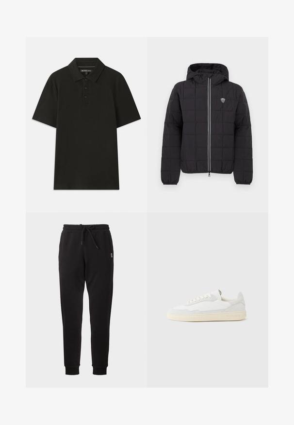 Chaqueta acolchada negra con capucha, con cremallera frontal, puños elásticos y un parche de logo en la parte superior izquierda. Acentuada con rayas blancas.; Polo negro hecho de tejido texturizado. Cuenta con una tapeta de tres botones y un cuello estándar. Mangas cortas y dobladillo recto.; Pantalones deportivos negros con corte recto, cintura elástica, cordón, bolsillos laterales y puños acanalados, presentados sobre un fondo liso.; Zapatilla blanca con parte superior texturizada de ante y cuero. Presenta una puntera redondeada, cierre con cordones y suela de goma beige contrastante.