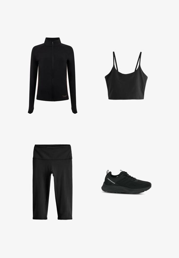 Sort zip-up jakke med høj krave, lange ærmer og kontrasterende sidelister. Lavet af blødt materiale, har logo-detalje ved kanten.; Sort cropped top med tynde, justerbare stropper og et glat, mat stof. Designet til en tætsiddende silhuet uden mønstre eller udsmykninger.; Sorte knælange leggings med bred linning, vist fladt mod en hvid baggrund.; Sort sportsko med en struktureret overdel, netpaneler og en polstret sål. Har snørebånd og en løkke ved hælen for nem påtagning.