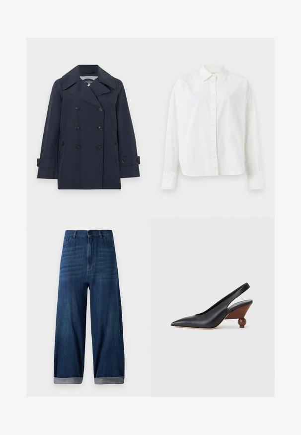 Gabardina azul marino de doble botonadura con solapas anchas, seis botones negros, bolsillos laterales y tiras abotonadas en las mangas.; Camisa blanca de manga larga con botones, cuello puntiagudo y puños, mostrada sobre un fondo blanco liso.; Jeans de mezclilla de pierna ancha en azul oscuro con dobladillos acampanados, botón frontal y bolsillos, sobre un fondo claro y liso.; Zapato slingback negro de punta puntiaguda con tacón cuadrado redondeado de madera y parte superior de cuero liso sobre un fondo gris claro.