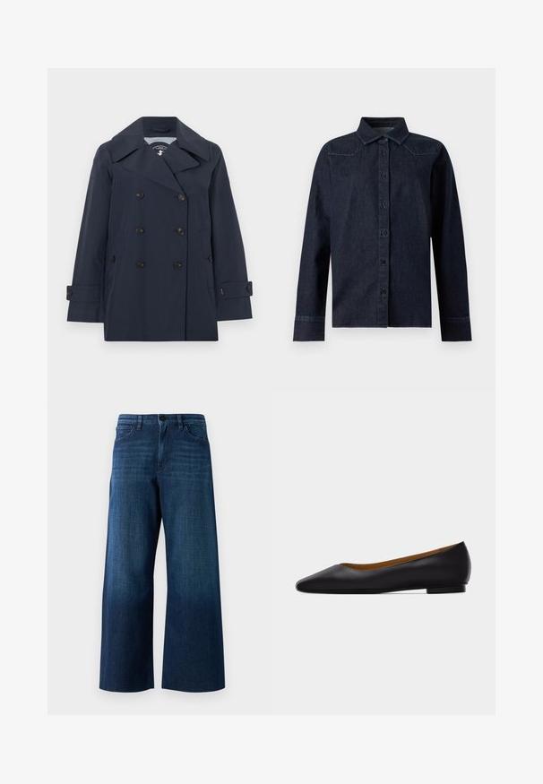Navyblauwe double-breasted trenchcoat met wijde revers, zes zwarte knopen, zijzakken en met knopen verstelbare mouwbanden.; Donkerblauw denim overhemd met lange mouwen, knopen aan de voorkant, puntige kraag en eenvoudige naaddetails op schouders en manchetten.; Brede donkerblauwe spijkerbroek met een voorknop, riemlussen en een klassieke vijf-pocket stijl op een effen achtergrond.; Zwarte leren puntschoen met lage hak en gladde afwerking, zijaanzicht op een lichtgrijze achtergrond.
