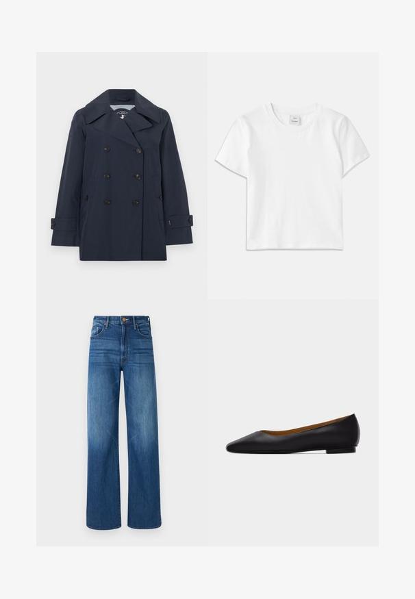 Navyblauwe double-breasted trenchcoat met wijde revers, zes zwarte knopen, zijzakken en met knopen verstelbare mouwbanden.; Witte katoenen t-shirt met een ronde hals, korte mouwen en een rechte zoom. Label met "Won Hundred" aan de voorkant van de halslijn.; Mother THE LASSO SNEAK - Relaxed fit jeans - dark blue denim; Zwarte leren puntschoen met lage hak en gladde afwerking, zijaanzicht op een lichtgrijze achtergrond.