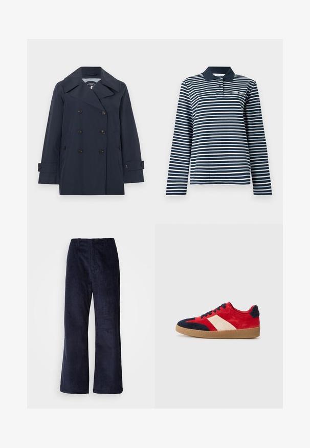 Navyblauwe double-breasted trenchcoat met wijde revers, zes zwarte knopen, zijzakken en met knopen verstelbare mouwbanden.; Poloshirt met lange mouwen in marineblauw en witte strepen, gemaakt van katoen, met een knoopsluiting bij de kraag en een klein logo op de borst.; Marineblauwe corduroy wijde broek met verticale ribbels, elastische tailleband en zonder zichtbare hardware. Zachte textuur en relaxed fit.; Rode suède sneaker met een ontwerp van witte en marineblauwe vacht, ronde neus, rubberen zool en marineblauwe veters. De achterkant heeft een marineblauw textuuraccent.