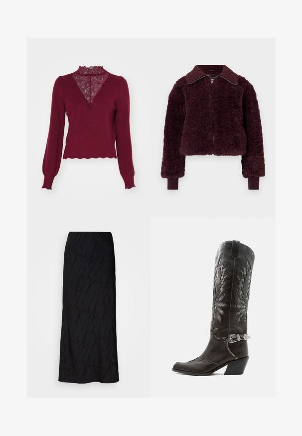 Veste zippée en velours de couleur bordeaux profond avec col et poignets côtelés, tissu en polaire texturé et manches longues.; Pull bordeaux avec un panneau en dentelle et un ourlet en dents de scie. Manches longues avec des poignets à côtes. Présente un décolleté en V et un tricot texturé.; Jupe maxi noire en tissu texturé avec un motif subtil. Elle présente une taille élastique et une silhouette fluide.; Botte de cowboy en cuir noir avec découpes décoratives, boucle argentée et talon incliné, présentée sur fond blanc.