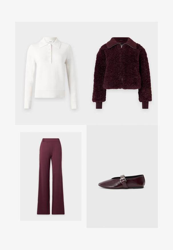 Veste zippée en velours de couleur bordeaux profond avec col et poignets côtelés, tissu en polaire texturé et manches longues.; Polo en tricot à manches longues blanc avec col plat, patte de boutonnage, poignets côtelés et ourlet, fabriqué dans un tissu tricoté doux.; Pantalon large taille haute pour femme en bordeaux foncé avec passants de ceinture et sans poches visibles.; Ballerines en cuir bordeaux avec un bout pointu, une semelle plate et une sangle décorative avec boucle sur le cou-de-pied. Texture lisse et brillante.