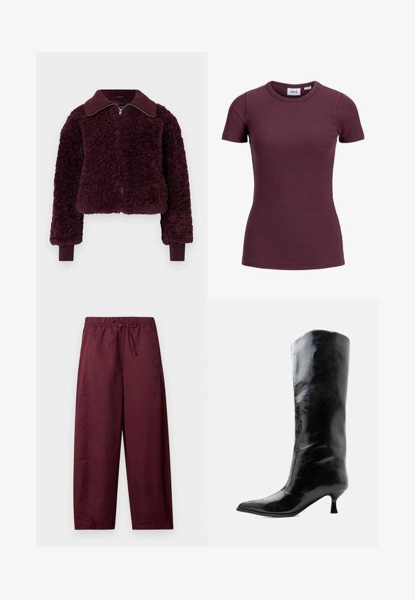 Veste zippée en velours de couleur bordeaux profond avec col et poignets côtelés, tissu en polaire texturé et manches longues.; T-shirt côtelé ajusté à manches courtes couleur prune foncée avec col rond et étiquette avant indiquant la marque JJXX et la taille 5.; Pantalon ample couleur bordeaux avec taille élastique et cordon de serrage, jambes droites, sans poches visibles ni motifs.; Botte en cuir noire brillante, haute jusqu'au genou, avec bout pointu et talon bas courbé sur un fond clair uni.