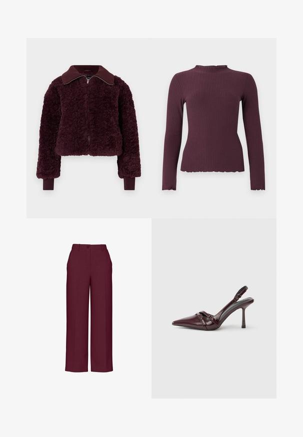 Veste zippée en velours de couleur bordeaux profond avec col et poignets côtelés, tissu en polaire texturé et manches longues.; Haut à manches longues en maille côtelée prune foncée avec un col rond légèrement froncé et un ourlet, silhouette ajustée.; Pantalons larges bordeaux en tissu texturé, avec une fermeture à bouton sur le devant et un design classique. Pas de poches supplémentaires ni d'ornements.; Escarpin slingback en cuir verni bordeaux avec bout pointu, fine bride à la cheville et petit détail décoratif de boucle. Texture lisse et talon haut.