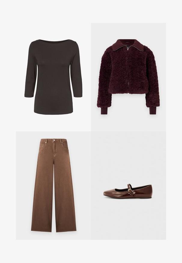 Blødt, dyb bordeaux lynlåsjakke med ribbet krave og manchetter, tekstureret fleece-stof og lange ærmer.; Dame mørkebrune langærmede skjorte med bådhals og figursyet silhuet.; Brune vidde-ben jeans i denim med høj talje, forreste knap- og lynlås lukning og design med fem lommer.; Brun patentlæder balletflade med firkantet tå og strop med en lille guldbuckle. Glat tekstur, lav hæl og minimalistisk design.