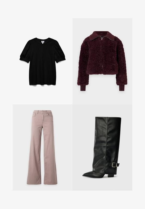 Plüschige, tiefburgunderfarbene Zip-Jacke mit geripptem Kragen und Bündchen,Textil mit Struktur aus Fleece und langen Ärmeln.; Schwarzes Kurzarmoberteil mit Rundhalsausschnitt, aus glattem Stoff. Mit Puffärmeln und lockerer Passform. Einfaches, ungeschmücktes Design.; Hoch taillierte, weit geschnittene Hose in hellem Mauve mit Fronttaschen, Gürtelschlaufen und Knopfverschluss vor einfarbigem Hintergrund.; Schwarze Lederstiefeletten in Knöchellänge mit spitzem Zehenbereich, glatter Oberfläche und silberner Schnallenakzent an der Seite. Massiver, quadratischer Absatz.