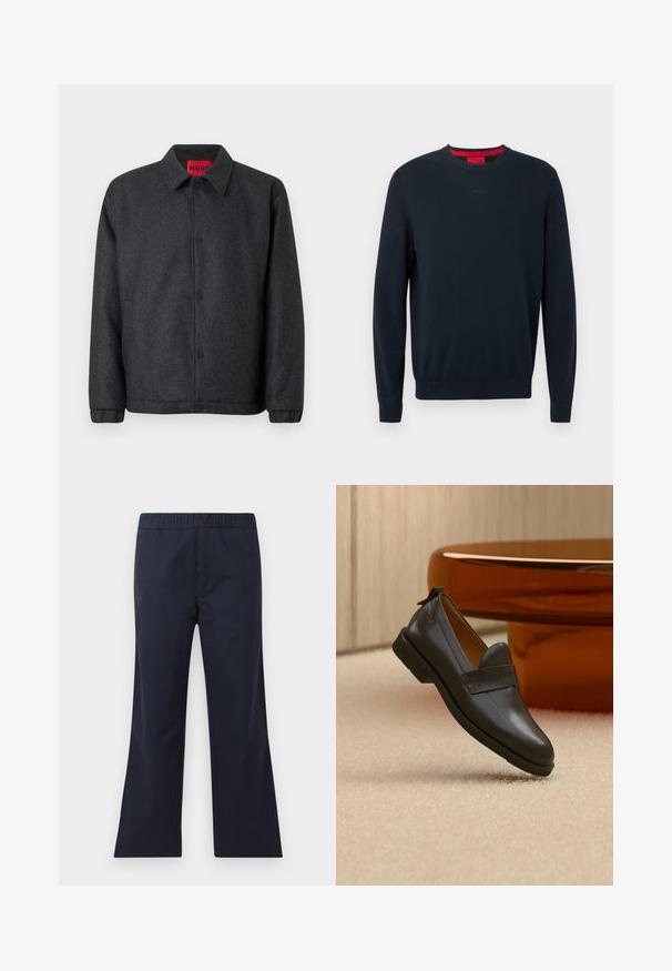 Donkergrijze jas gemaakt van een wolblend, met een knoopsluiting aan de voorkant, een klassieke kraag en elastische manchetten voor een aangesloten mouw.; Donkerblauwe sweater met ronde hals gemaakt van zacht materiaal. Voorzien van lange mouwen, geribbelde boorden en een klein reliëflogo aan de voorkant.; Donkerblauwe, uitlopende broeken gemaakt van soepel materiaal. Heeft een elastische tailleband en zijzakken. Strakke lijnen en een minimalistisch ontwerp.; Zwarte leren loafer met lage hak zwevend boven een beige tapijt, naast een glanzende amberkleurige tafel in een minimalistische kamer.