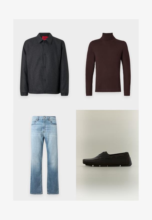Dunkelgraue Jacke aus Wollmischung mit Knopfleiste, klassischem Kragen und elastischen Bündchen für eine enganliegende Ärmel.; Dunkelbrauner, langärmliger Rollkragenpullover mit schmaler Passform, auf einem schlichten weißen Hintergrund präsentiert.; Helle blaue Jeans aus Denim mit geradem Bein, die an den Oberschenkeln Ausbleichungen aufweisen, zwei vordere Taschen und einen klassischen Knopfverschluss haben.; Dunkelbrauner Herren-Ledermokassin mit Mokassinnaht und Gummisohle, seitlich auf neutralem Hintergrund dargestellt.