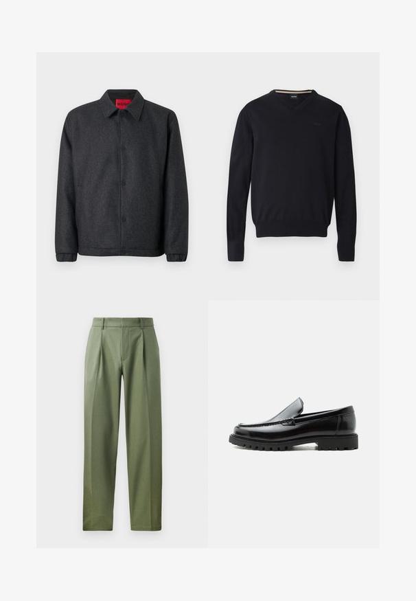 Chaqueta gris oscuro hecha de una mezcla de lana, con cierre de botones en la parte delantera, cuello clásico y puños elásticos para un ajuste ceñido en las mangas.; Suéter negro de escote en V hecho de tela de punto suave. Cuenta con mangas largas, puños y dobladillo acanalados, con detalle de logo en relieve en el pecho.; Pantalones a medida en tejido verde olivo con una textura suave, que cuentan con dos pliegues frontales, trabillas para el cinturón y un diseño de pierna recta.; Mocasín de cuero negro con suela de goma gruesa, empeine cosido y nombre de la marca en relieve en el talón, mostrado en perfil lateral sobre fondo blanco.