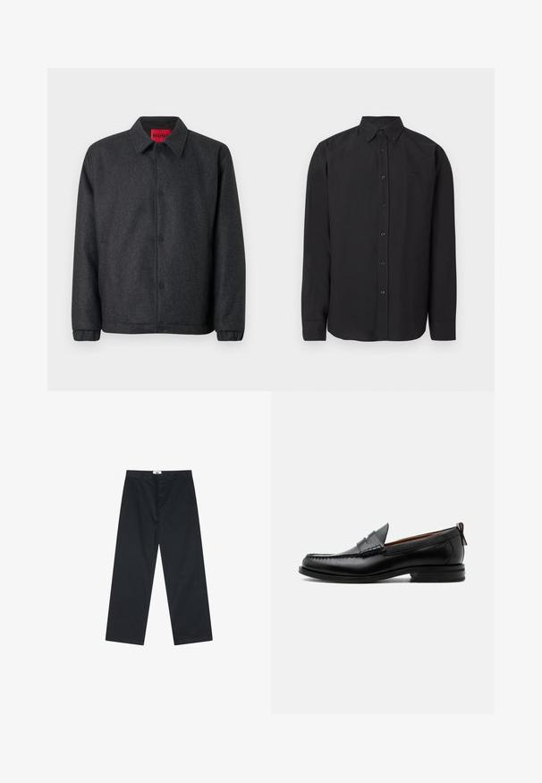 Veste gris foncé en mélange de laine, dotée d'une fermeture à boutons, d'un col classique et de poignets élastiques pour une manche ajustée.; Chemise noire à manches longues avec col boutonné, tissu lisse et logo discret. Dotée de boutons sur le devant et de manches avec poignets.; Pantalon en coton noir avec une coupe droite, doté d'une fermeture à bouton et d'une taille simple. Sans motifs ni accents supplémentaires.; Mocassin homme en cuir noir avec couture moc toe, bride penny, col texturé et petit talon empilé sur fond blanc.