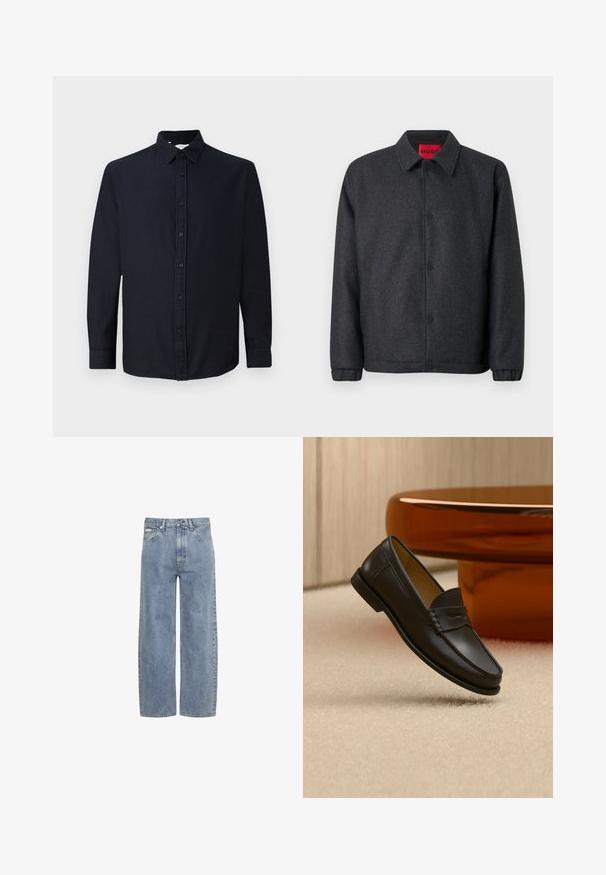 Donkergrijze jas gemaakt van een wolblend, met een knoopsluiting aan de voorkant, een klassieke kraag en elastische manchetten voor een aangesloten mouw.; Donker marineblauwe long-sleeve overhemd met knopen en kraag, plat weergegeven tegen een effen lichte achtergrond.; Lichtblauwe jeans met rechte pijpen, knoop- en ritsluiting aan de voorkant, riemlussen en een ontwerp met vijf zakken.; Zwarte leren loaferschoen zwevend boven een beige tapijt met amberkleurige moderne meubels op de achtergrond.