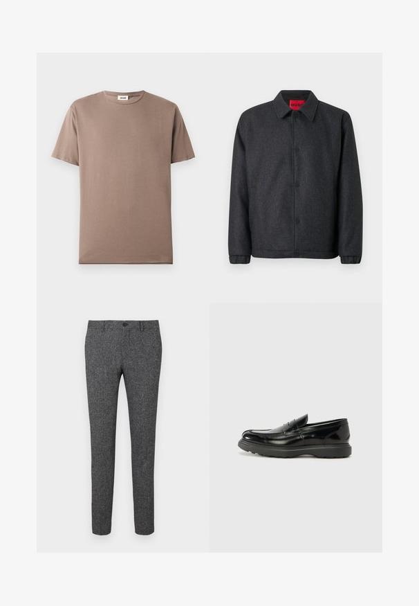 Donkergrijze jas gemaakt van een wolblend, met een knoopsluiting aan de voorkant, een klassieke kraag en elastische manchetten voor een aangesloten mouw.; Korte mouwen t-shirt van bruin katoen, met een ronde halslijn en een lichte, gladde textuur. Geen zichtbare patronen of hardware.; Lindbergh PANTS - Broek - black; Zwarte leren instapper met een glanzende afwerking, een ronde neus, subtiele stiksels en een dikke rubberen zool voor duurzaamheid.
