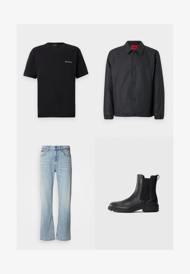 Dunkelgraue Jacke aus Wollmischung mit Knopfleiste, klassischem Kragen und elastischen Bündchen für eine enganliegende Ärmel.; Schwarzes Kurzarm-Crewneck-T-Shirt mit kleinem weißen "BELSTAFF"-Logo auf der linken Brust vor einem schlichten Hintergrund.; Hellblaue Jeans aus Denim mit geradem Bein, ausgestattet mit fünf Taschen, einem Knopfverschluss und subtilen Verwaschungen im Stoff.; Schwarze Leder-Stiefelette mit elastischen Seiteneinsätzen, Zugschlaufe an der Ferse und niedrigem Blockabsatz vor einem schlichten Hintergrund.